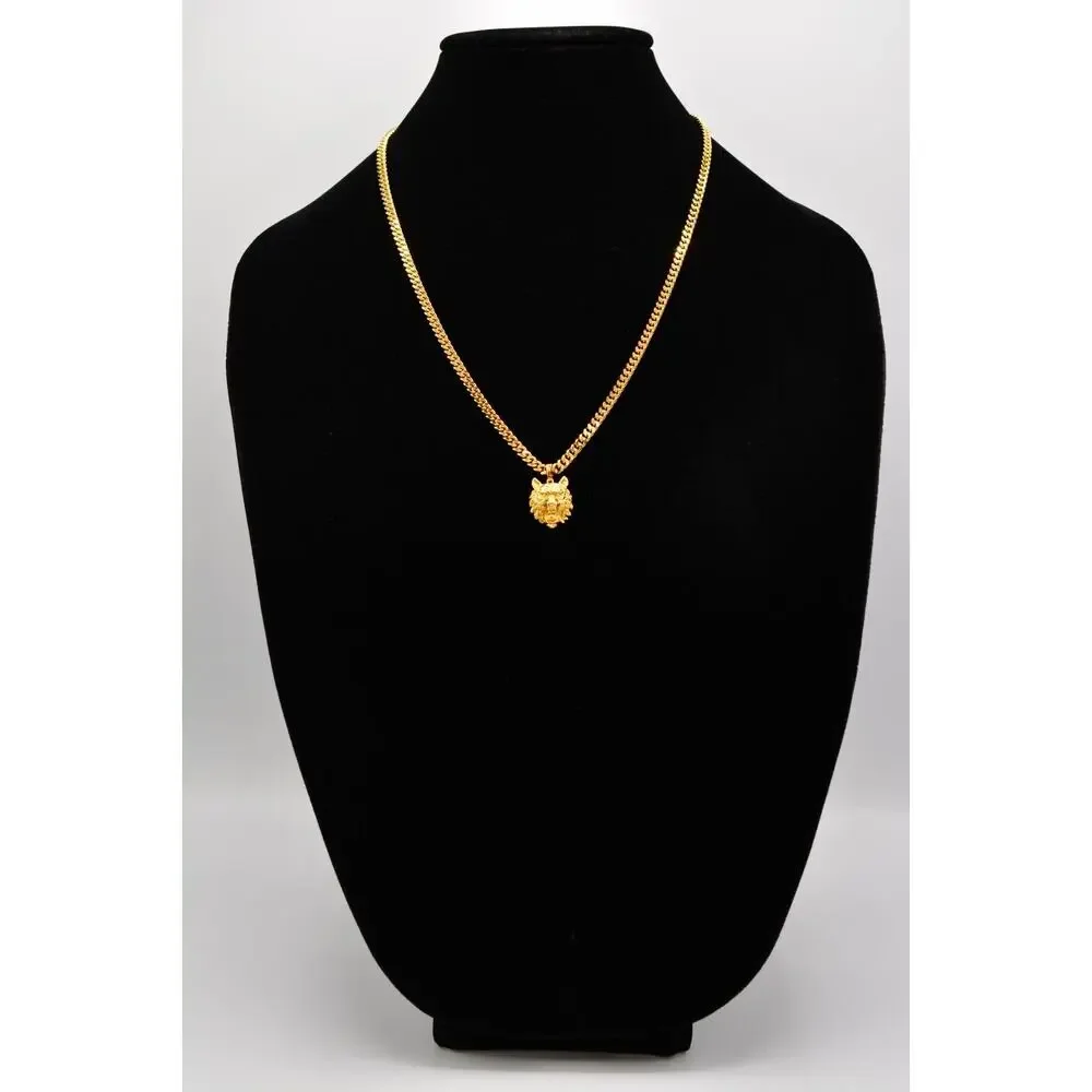 Kalifornia Lion Pendant Necklace Gold Tone Cuban Chain Signed Unisex 9J